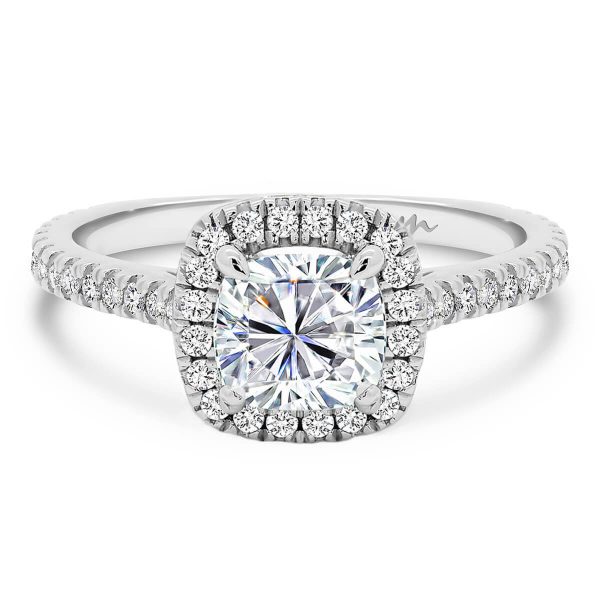 Ava Cushion 6.0-7.0 moissanite ring cushion  with halo setting on 3/4 band