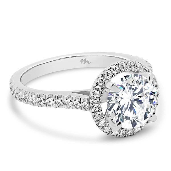 Ava Round 7.5-8.0 Moissanite halo engagement ring on 3/4 set band