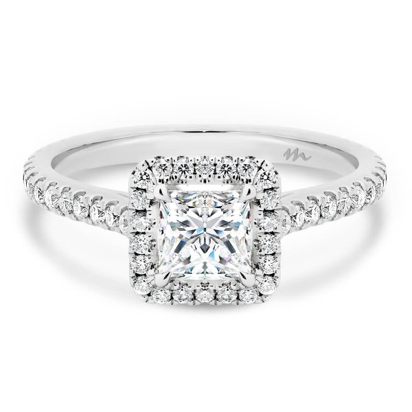 Ava Square 5.5-6.0 princess halo engagement ring on with prong set 3/4 band