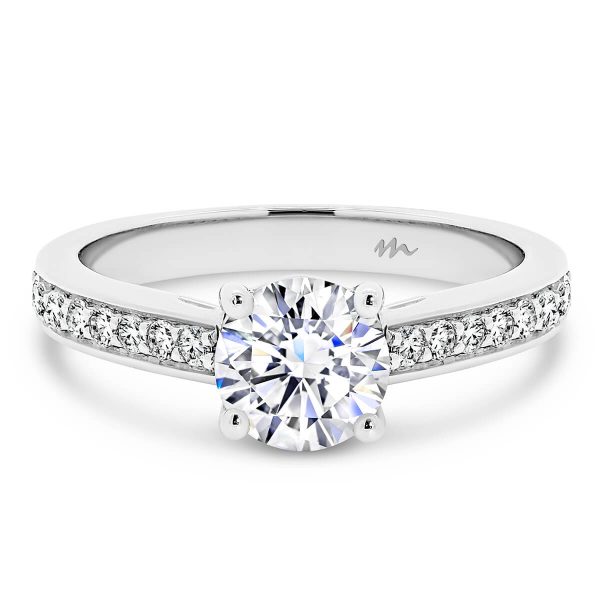 Bianca Round 6.5-7.0 designed Moissanite ring with round centre stone and pave band.