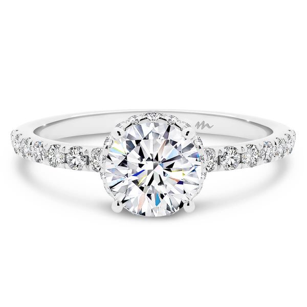 Deanne 6.5-7.0 Moissanite engagement ring with 4-prong setting on delicate encrusted band and hidden halo