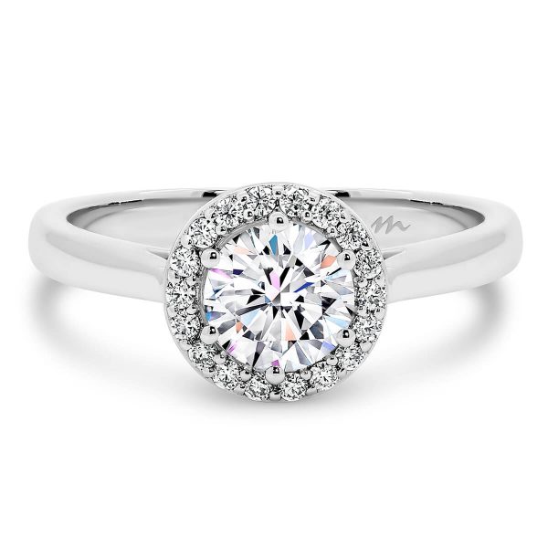 Deedee 6 prong round engagement ring with pave set halo on plain band