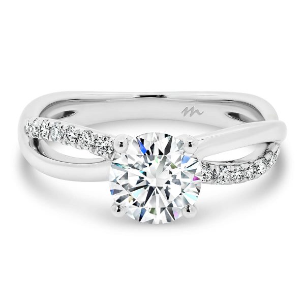 Freya Round Moissanite engagement ring with crossover infinity band