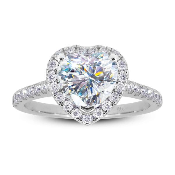 Heidi 7.0-7.5 heart shaped Moissanite ring with a halo on a prong set band