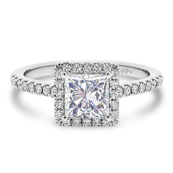 Jackie Engagement Ring Princess Cut Centre Stone With Prong Set Halo And Band With Cathedral Setting