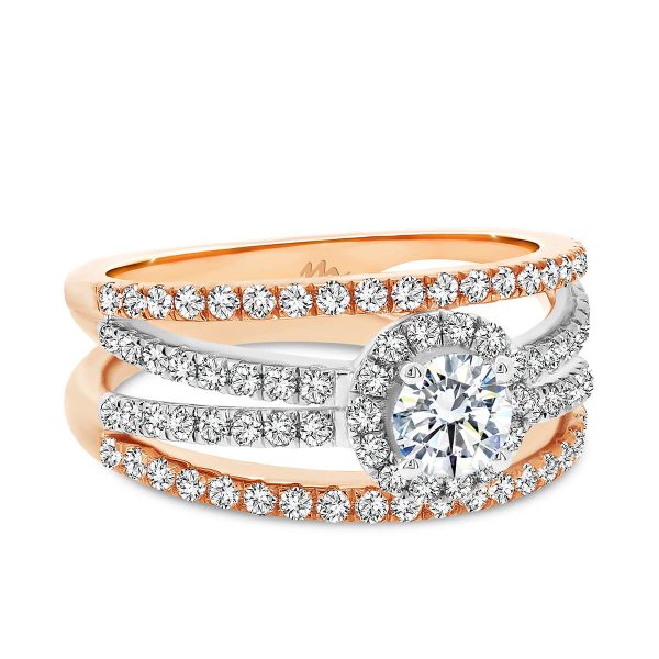 Jude 0.50-1.00 two-tone ring with halo round centre stone on multiple stone set band