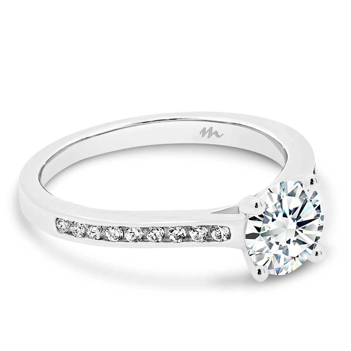 London 4 Claw Round Moissanite Ring With Channel Set Band