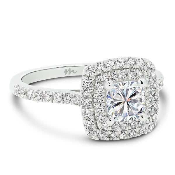 Louisa Cushion 5.0-5.5 Moissanite engagement ring with micro pave double halo and band