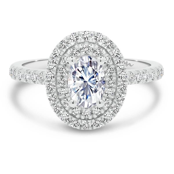 Louisa Oval 6X4-7X5 Moissanite Engagement Ring With Double Halo And Encrusted Band