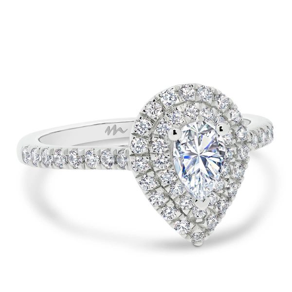 Louisa Pear 6x4-7x5 Moissanite engagement ring with 2 row halo and delicate prong set band