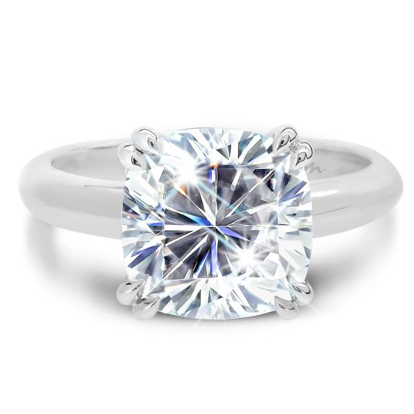 Monica Cushion 8.5-9.0 solitaire ring double prongs on knife edge band.