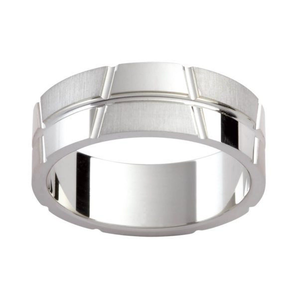 P299 stylish patterned men's ring with asymmetrical verical grooves and horizontal groove line in an emery and polished finish