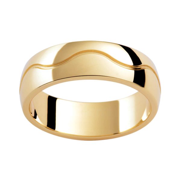 P342B Men's wedding band in polished yellow gold with wave pattern centreline groove