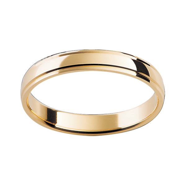 P55 men's wedding band in polished gold with grooved edges