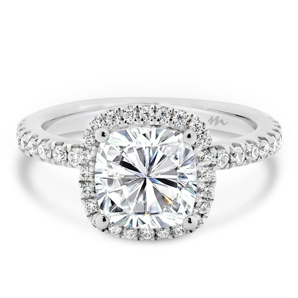 Rosie Cushion 7.0-7.5 engagement ring with accented halo and prong-set band.