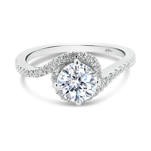 Sarah 6.5 Moissanite engagement ring with swirl halo prong set band