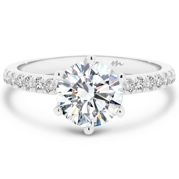 Victoria Round 6.5-7.0 Moissanite ring with Tiffany setting on delicate micro pave half band