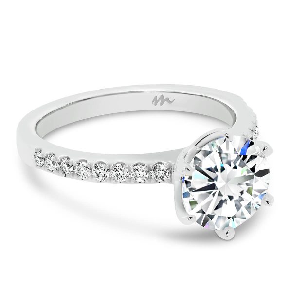 Victoria Round 7.5-8.0 solitaire Moissanite engagement ring with 6-prong setting on fine pave band