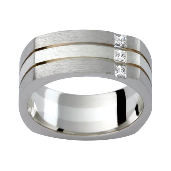 DJ102E Stylish men's square shape diamond wedding band with 3 princess cut diamonds on twotone gold