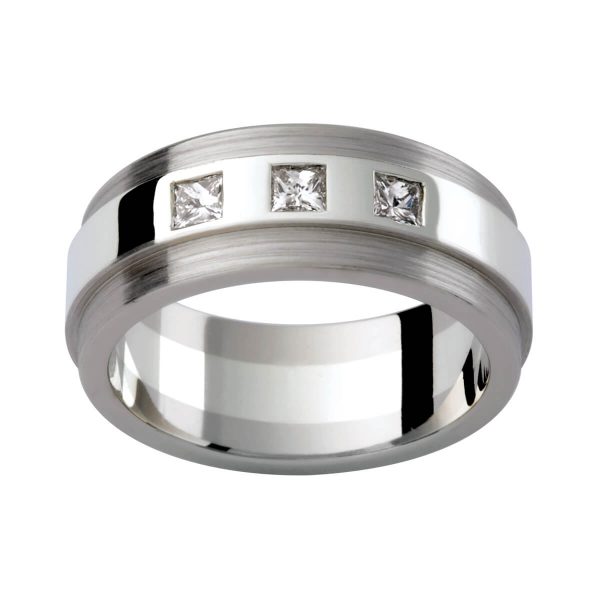 D113 men's wedding ring with 3x princess cut diamonds 0.30 total carat in polish and brushed finish