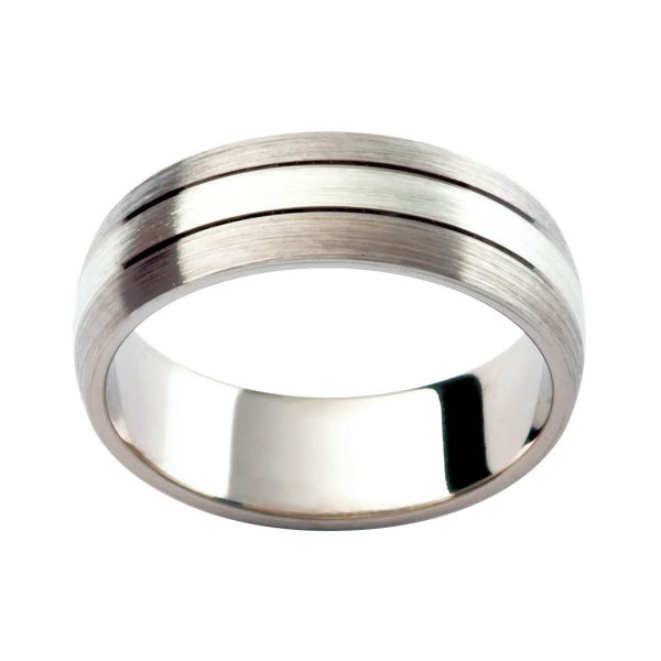 F168 brushed finished men's ring with 3 equal sections divided by polished grooves