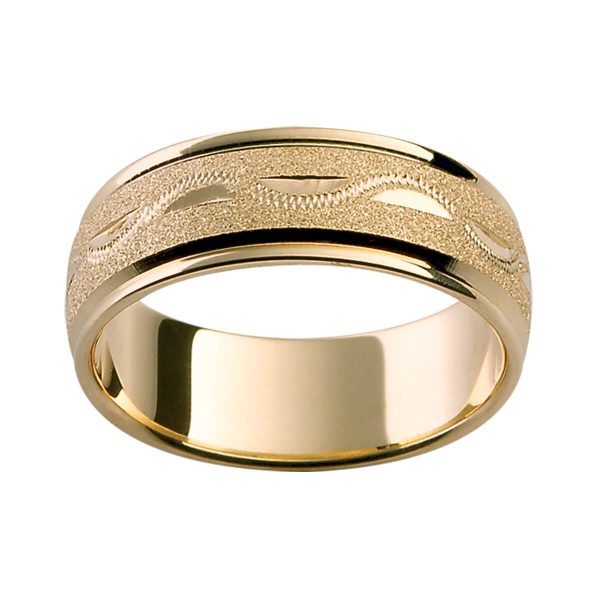 H12 men's wedding band with a specialty finish and hand engravd pattern