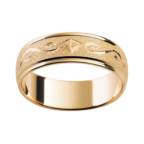 H3 premium men's wedding band with a unique hand-engraved pattern and specialty finish in yellow gold