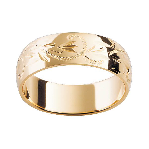 H7 premium gold ring with a hand engraved pattern in polished finish