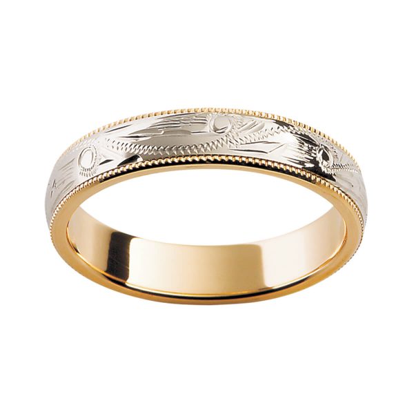 H8 stunning two tone ring with hand engraved pattern and milgrain edges