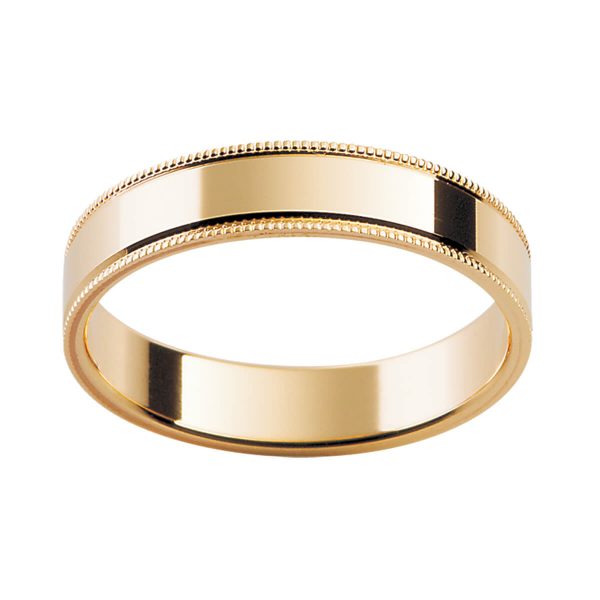 P21 men's wedding band in a flat profile with decorative milgrain edges