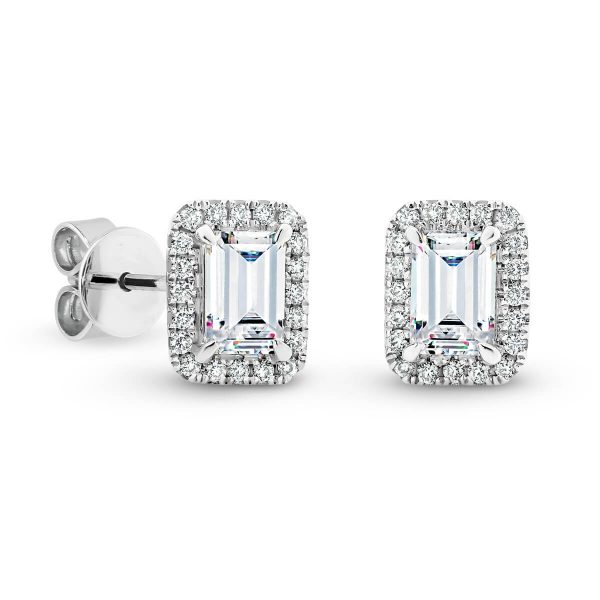 Tiana 6x4 Emerald cut Moissanite stud earrings with halo