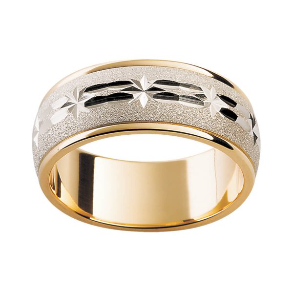 F10M two tone men's ring with full-band engraved star motif on white gold overlay in yellow gold band