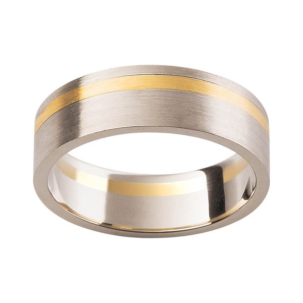 F137 classic men's wedding band in two tone gold with satin-brushed finish and offset contrast strip