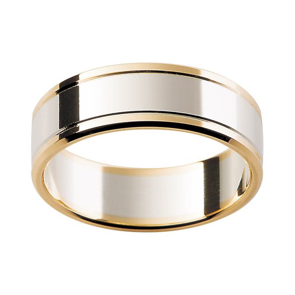 F141 men's ring in two tone polished gold with beveled edge and grooved lines