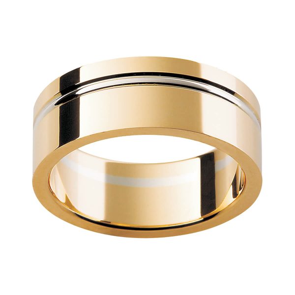 F144 men's ring in high polish finish with offset raised groove