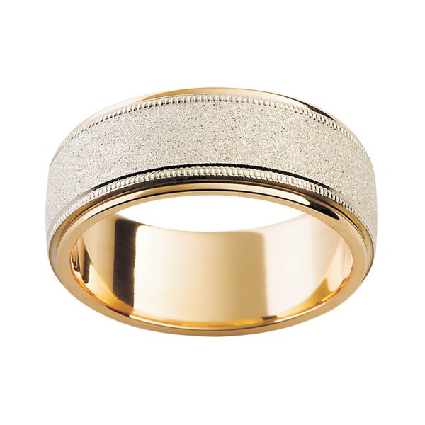 F157M stylish men's ring in specialty finish with milgrain trip and smooth polished edges