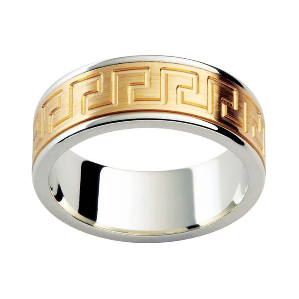 F173 men's ring with unique graphic pattern on overlay in two tone gold with brushed finish and polished edges