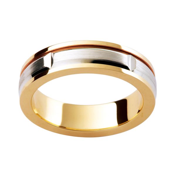 F174 men's wedding band in two tone with flat polised edges and brushed finish centre overlay in white gold