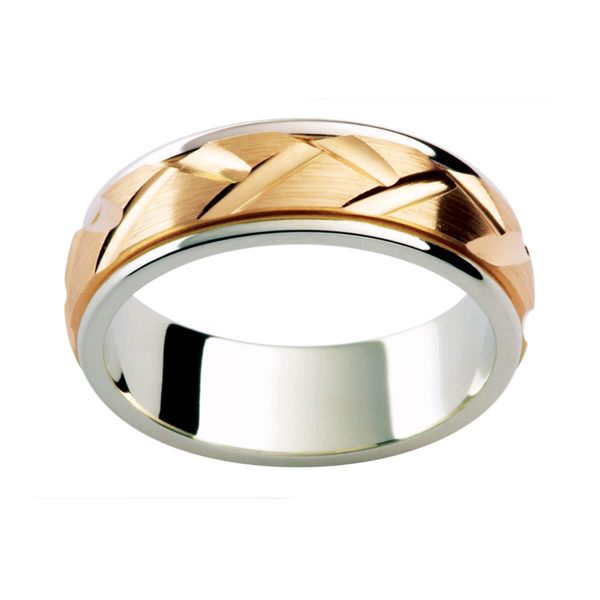 F180 men's wedding ring with engraved pattern in brushed-finish overlay centre on white gold band