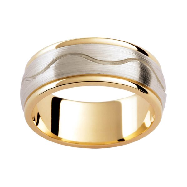 F190D two tone men's wedding band with horizontal wave pattern on overlay in brushed white gold. Polished yellow gold Inlay finish.