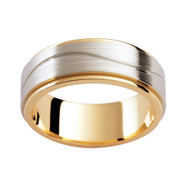 F191D men's two tone band with engraved wave line across overlay centre in brushed white gold on polished yellow gold innerband