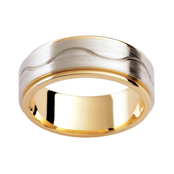 F192D two-tone men's band in brushed white gold overlay with wave pattern on polished yellow gold