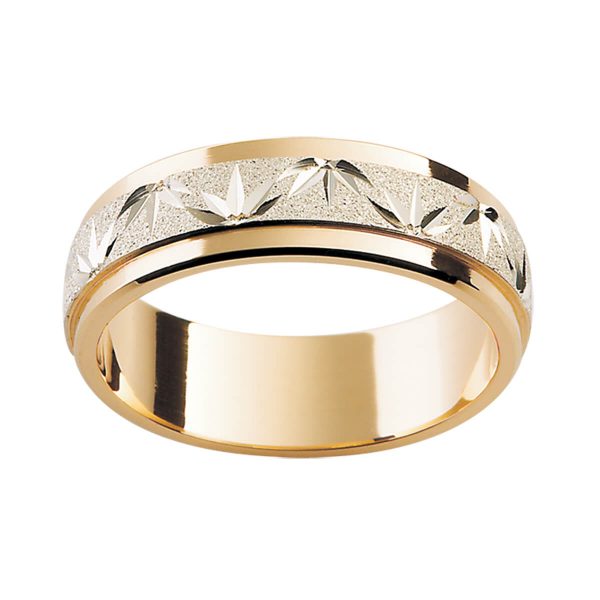 F27M unique men's two tone ring with engraved leaf motif on overlay centre