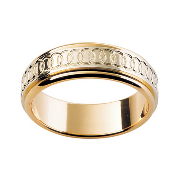 Two Tone men's band with interlocking ring eternity motif on overlay