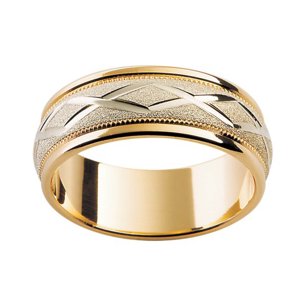 F66 two tone men's textured band with engraved cross pattern and milgrain edge details