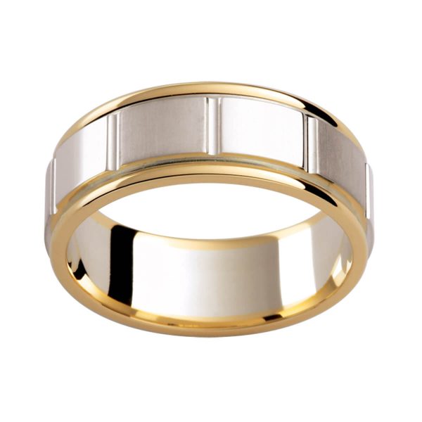 G142 men's band in two tone with vertical grooves all the way around. White gold inlay with polished yellow gold edges