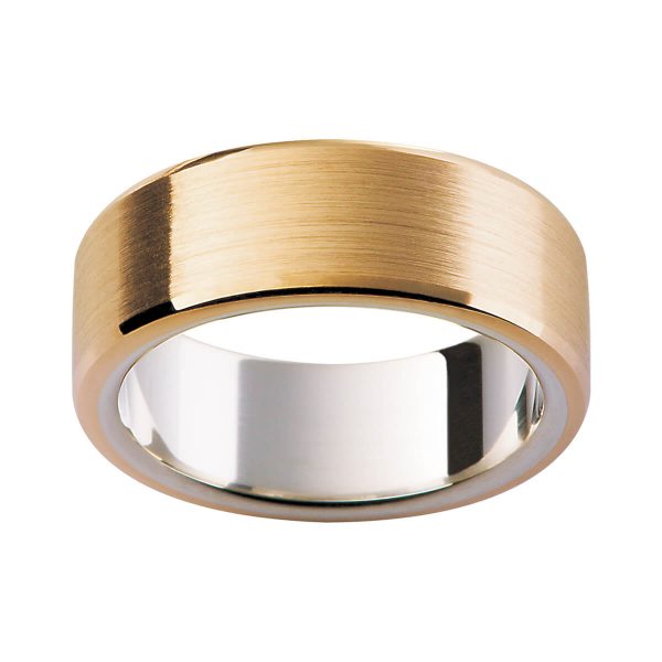 K4 flat men's band in brushed rose gold with beveled edge on polished flat white gold inner ring