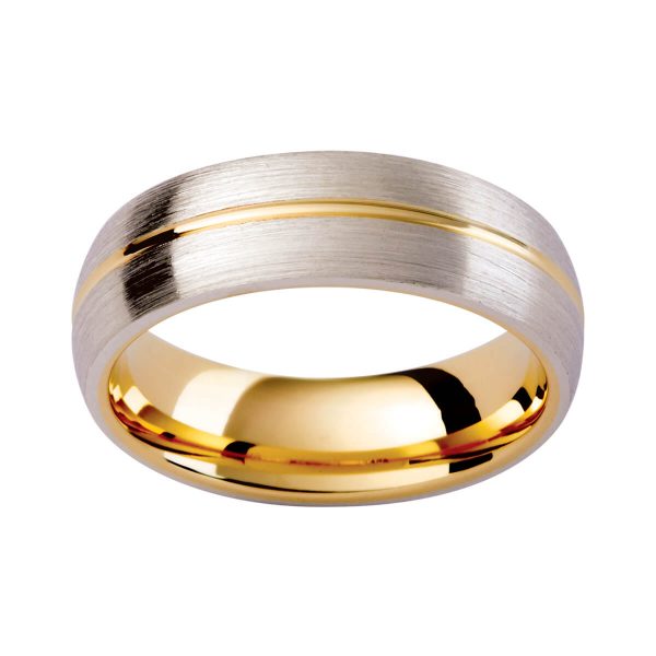 KC8E two tone men's ring with polished yellow gold centreline on brushed white gold outerband.