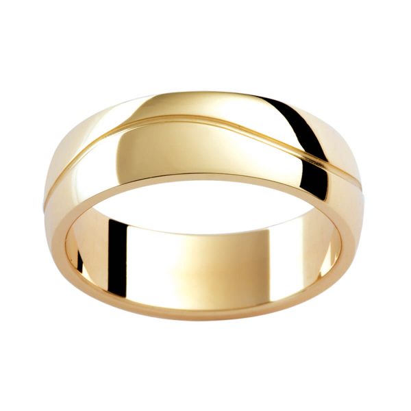 P334B classic semi-rounded band in polished yellow gold with a wave groove in centre