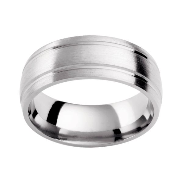 PC410 classic wedding band in brushed white gold with twin polished grooves